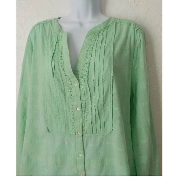 JM Collection Women XL Light Green Tunic Button Up Top Blouse 100% Cotton V-Neck - Picture 3 of 12